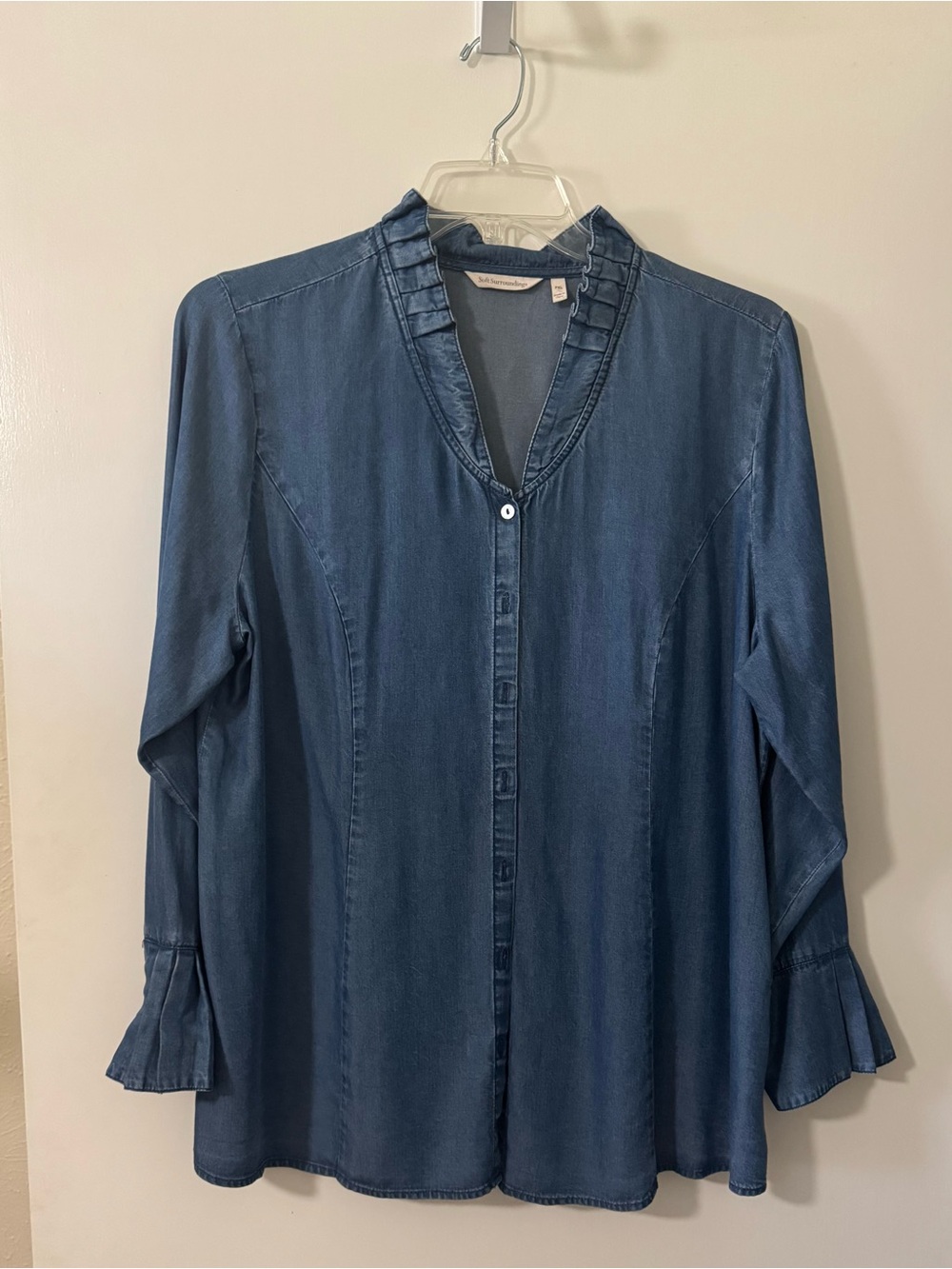 Soft Surroundings Indigo Blue Ruffle V-Neck Button-Front Blouse